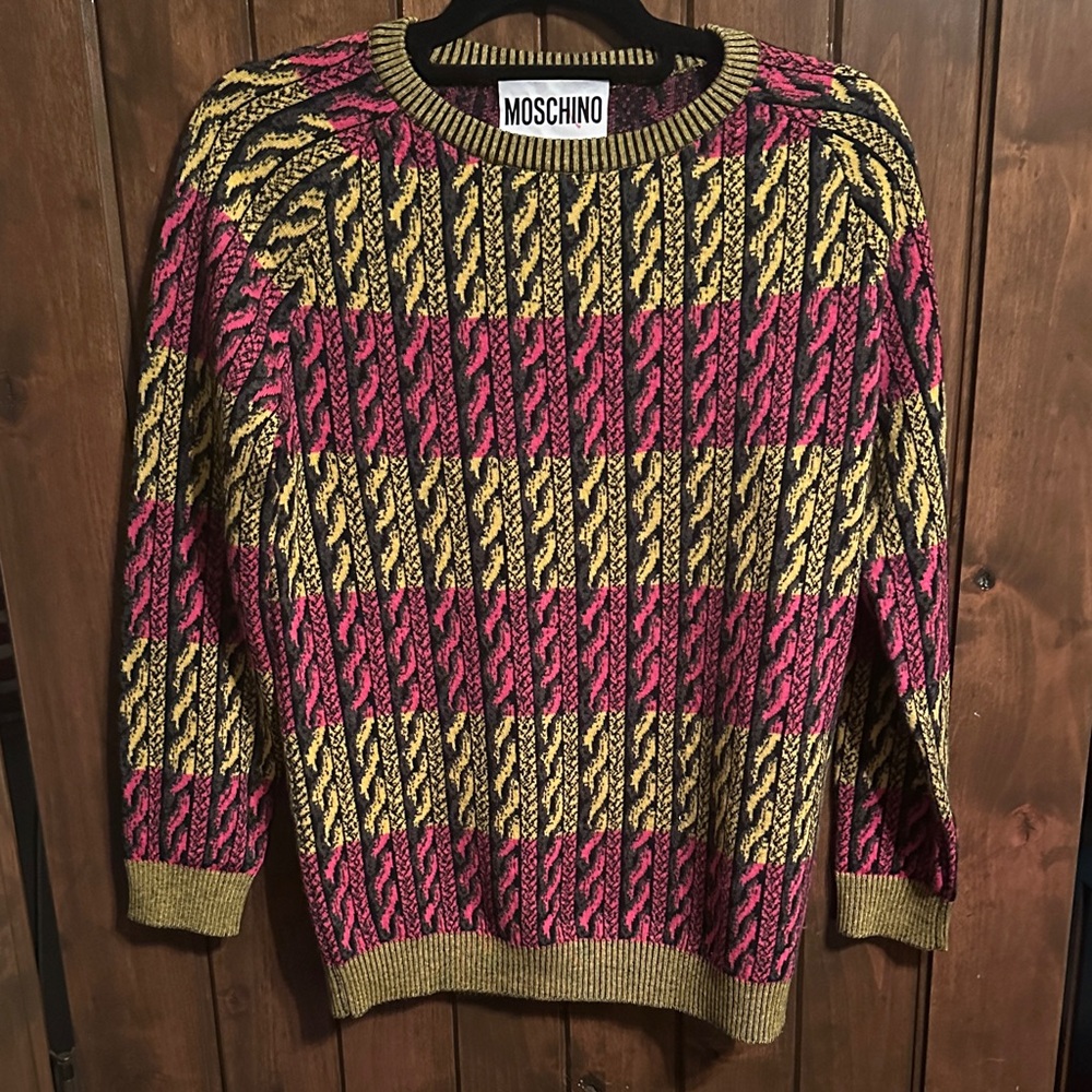 RARE Moschino Pink and Yellow Patterned Crewneck Sweater